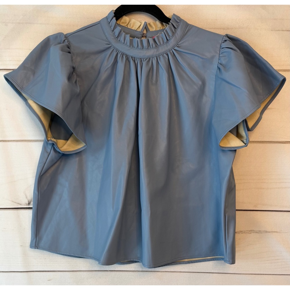 THML Blue Faux Leather Ruffle Mock Neck Puff Sleeve Blouse WCT2108-1-BL Medium